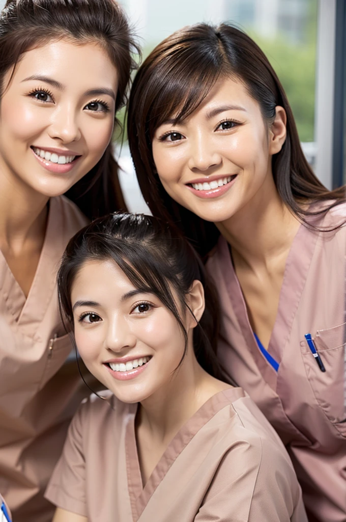 Dental hygienist, only two women Side by side, smiling, wearing medical scrubs Brown, short sleeves, cute, Japanese, black hair, 20s Upper body close-up high resolution Highest quality