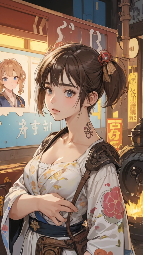 (perfect anatomy:1.2)(absurdres, highres, ultra detailed),masterpiece,best quality,high resolution,8k,Realistic face,Realistic skin texture,magnified textures, stunning clarity,detailed anime girl,(ultra detailed eyes and face),(:1.2),(baby face:1.se girl,floral printed blue yukata,、(very short hair, two side up:1.4)、tareme,light brown hair:1.2,kanzashi、glamor、short stature、、(bust up:1.4),Steampunk in the Edo Period、(Vivid hieroglyph signs and street advertisements:1.2)、busy、(worried1.4),、hieroglyph,souk、Shopping Street、,(tanned skin:1.3 ),big breasts,look up viewer,round face,Shoulder Bare,(from front:1.2),(cleavage cutout)