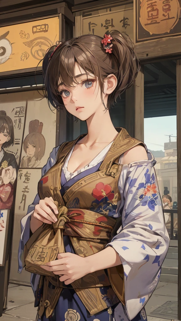 (perfect anatomy:1.2)(absurdres, highres, ultra detailed),masterpiece,best quality,high resolution,8k,Realistic face,Realistic skin texture,magnified textures, stunning clarity,detailed anime girl,(ultra detailed eyes and face),(14 years old:1.2),(baby face:1.2),japanese girl,floral printed blue yukata,、(very short hair, two side up:1.4)、tareme,light brown hair:1.2,kanzashi、glamor、short stature、、(bust up:1.4),Steampunk in the Edo Period、(Vivid hieroglyph signs and street advertisements:1.2)、busy、(worried1.4),、hieroglyph,souk、Shopping Street、,(tanned skin:1.3 ),big breasts,look up viewer,round face,Shoulder Bare,(from front:1.2),(cleavage cutout)