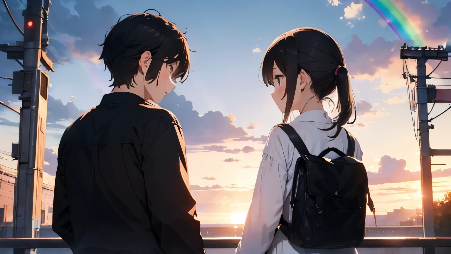There is a beautiful rainbow。Back view of a girl and boy