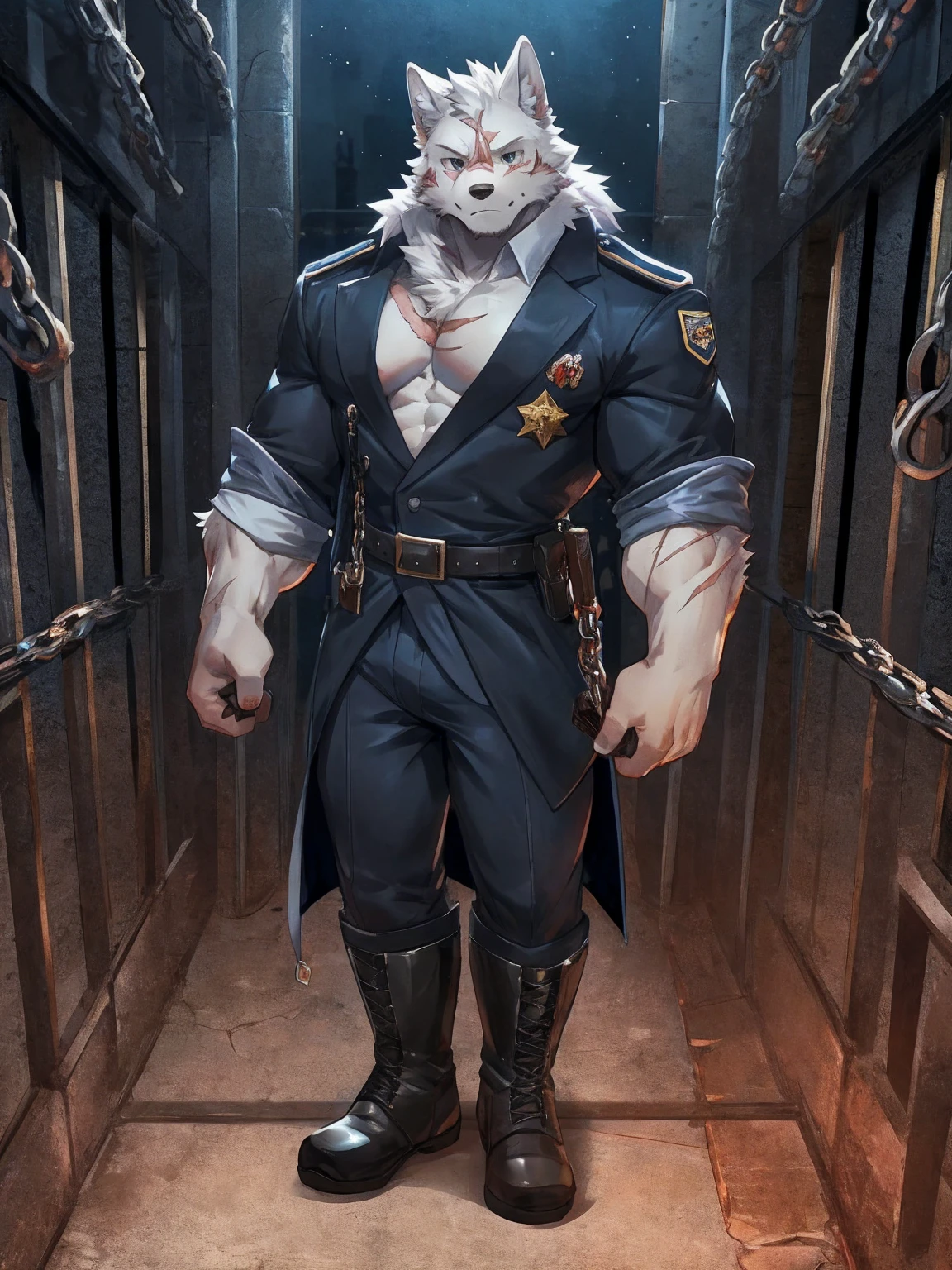 embedding:black wolf, male,Black sunglasses,Scar on the nose.Scar on the face, scar on the body,Single person,Prison guard,Warden's uniform,Leather boots,Prison scenes,With a baton in hand.A dark cell.At night,An airtight cell,Exquisite background,Serious,Chains,The highest quality of scene detail,adult,Tall and powerful,muscle,Best quality hands, best quality eye,detailed fur,Delicate eyes.Extreme picture quality,by sollyz,by zixiong,by milkytiger1145
