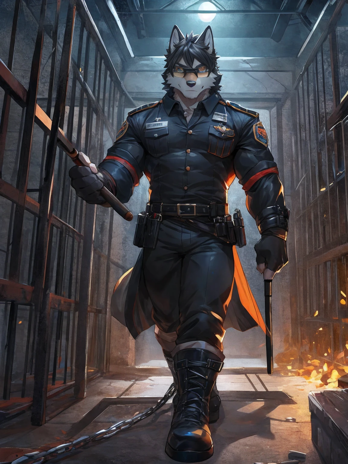 embedding:black wolf, male,Black sunglasses,Scar on the nose.Scar on the face, scar on the body,Single person,Prison guard,Warden's uniform,Leather boots，Prison scenes,With a baton in hand.A dark cell.At night,An airtight cell,Exquisite background,Serious,Chains,The highest quality of scene detail,adult,Tall and powerful,muscle，Best quality hands, best quality eye，detailed fur，Delicate eyes.Extreme picture quality，by sollyz,by zixiong,by milkytiger1145