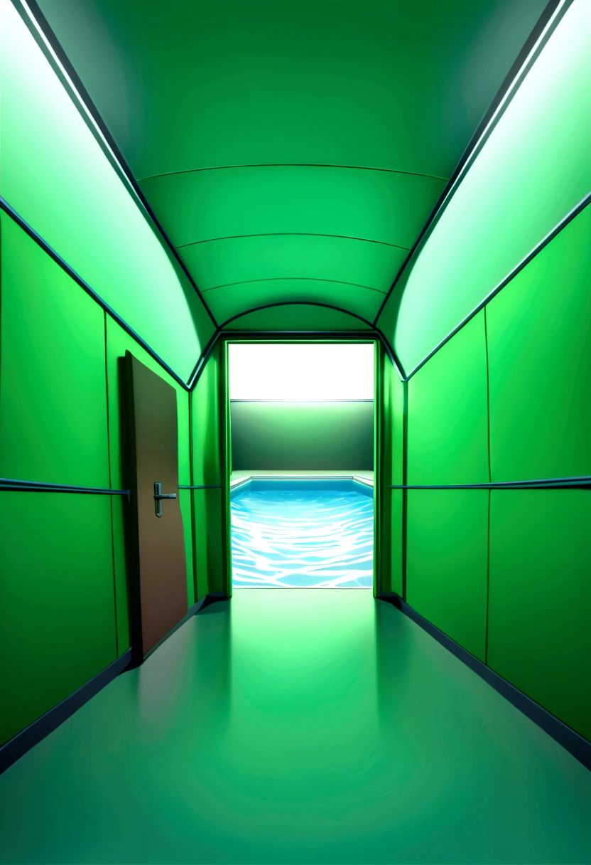 Camera view, top, infinite green backroom, in the distance a door with swimming pool, large place like a labyrinth of backrooms