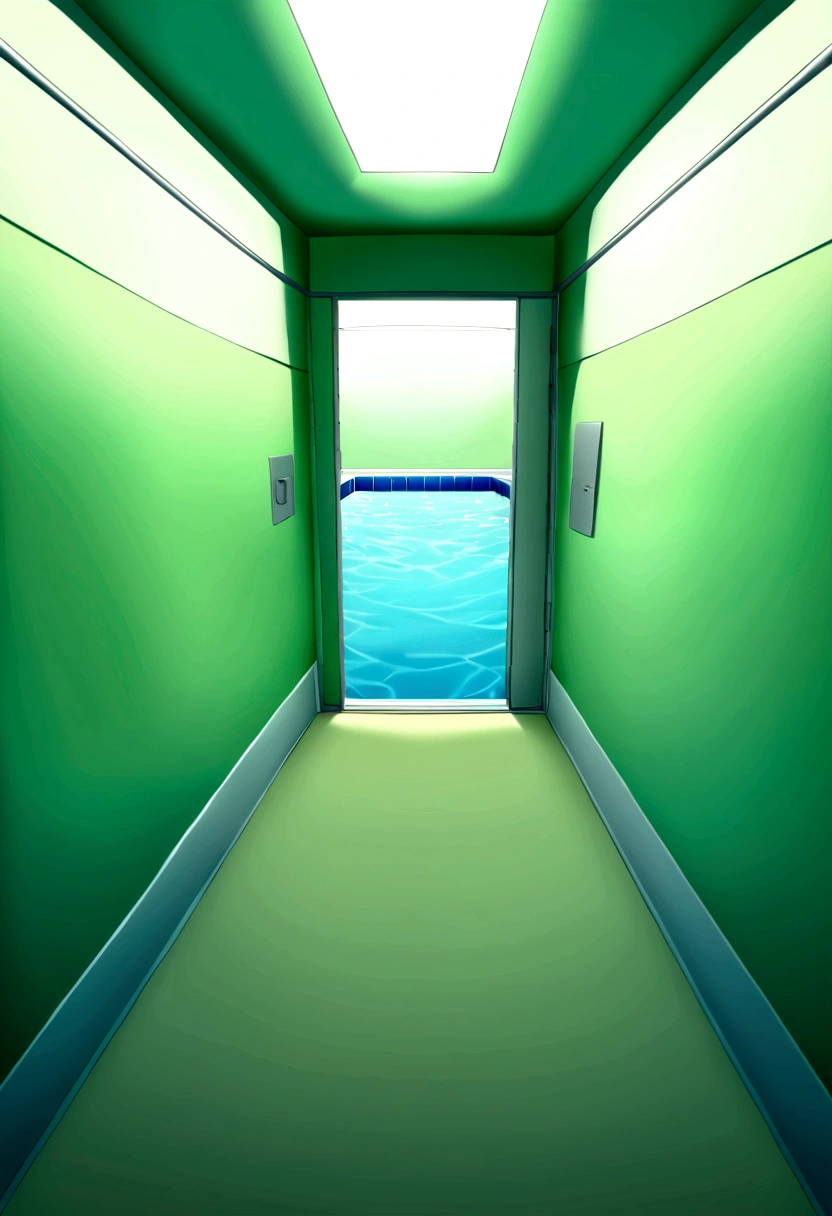 Camera view, top, infinite green backroom, in the distance a door with swimming pool, large place like a labyrinth of backrooms