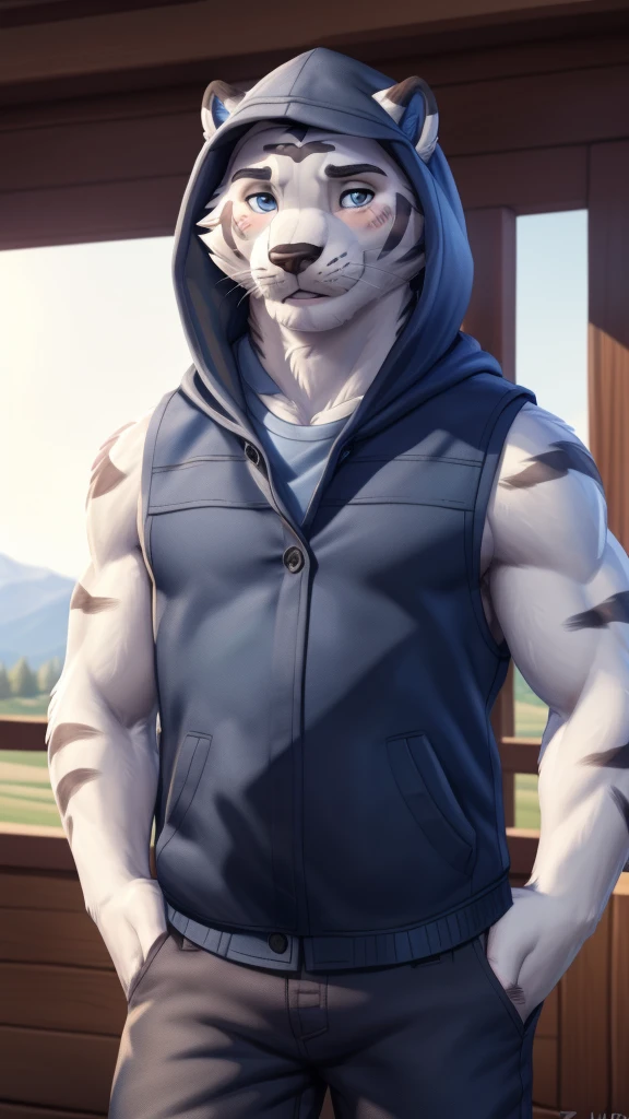rolfac, white fur, bara, tail, blue ears,  (pose:1.3), (posing:1.3), (soft shading), 4k, hi res, five fingers, detailed hands, ((detailed face, (detailed eyes:1.0), detailed)), by zackarry911, by zaush, (by personalami:0.5), looking at viewer, blush, blue eyes, 1boy, male focus, cowboy shot, sleeveless, pants, hood, fangs, hooded jacket, hand in pocket, grey pants, sleeveless jacket