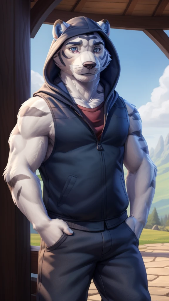 rolfac, white fur, bara, tail, blue ears, (pose:1.3), (posing:1.3), (soft shading), 4k, hi res, five fingers, detailed hands, ((detailed face, (detailed eyes:1.0), detailed)), by zackarry911, by zaush, (by personalami:0.5), looking at viewer, blush, blue eyes, 1boy, male focus, cowboy shot, sleeveless, pants, hood, fangs, hooded jacket, hand in pocket, grey pants, sleeveless jacket