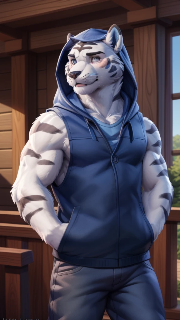 rolfac, white fur, bara, tail, blue ears, (pose:1.3), (posing:1.3), (soft shading), 4k, hi res, five fingers, detailed hands, ((detailed face, (detailed eyes:1.0), detailed)), by zackarry911, by zaush, (by personalami:0.5), looking at viewer, blush, blue eyes, 1boy, male focus, cowboy shot, sleeveless, pants, hood, fangs, hooded jacket, hand in pocket, grey pants, sleeveless jacket