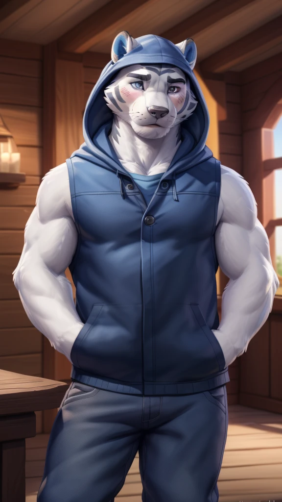 rolfac, white fur, bara, tail, blue ears, (pose:1.3), (posing:1.3), (soft shading), 4k, hi res, five fingers, detailed hands, ((detailed face, (detailed eyes:1.0), detailed)), by zackarry911, by zaush, (by personalami:0.5), looking at viewer, blush, blue eyes, 1boy, male focus, cowboy shot, sleeveless, pants, hood, fangs, hooded jacket, hand in pocket, grey pants, sleeveless jacket