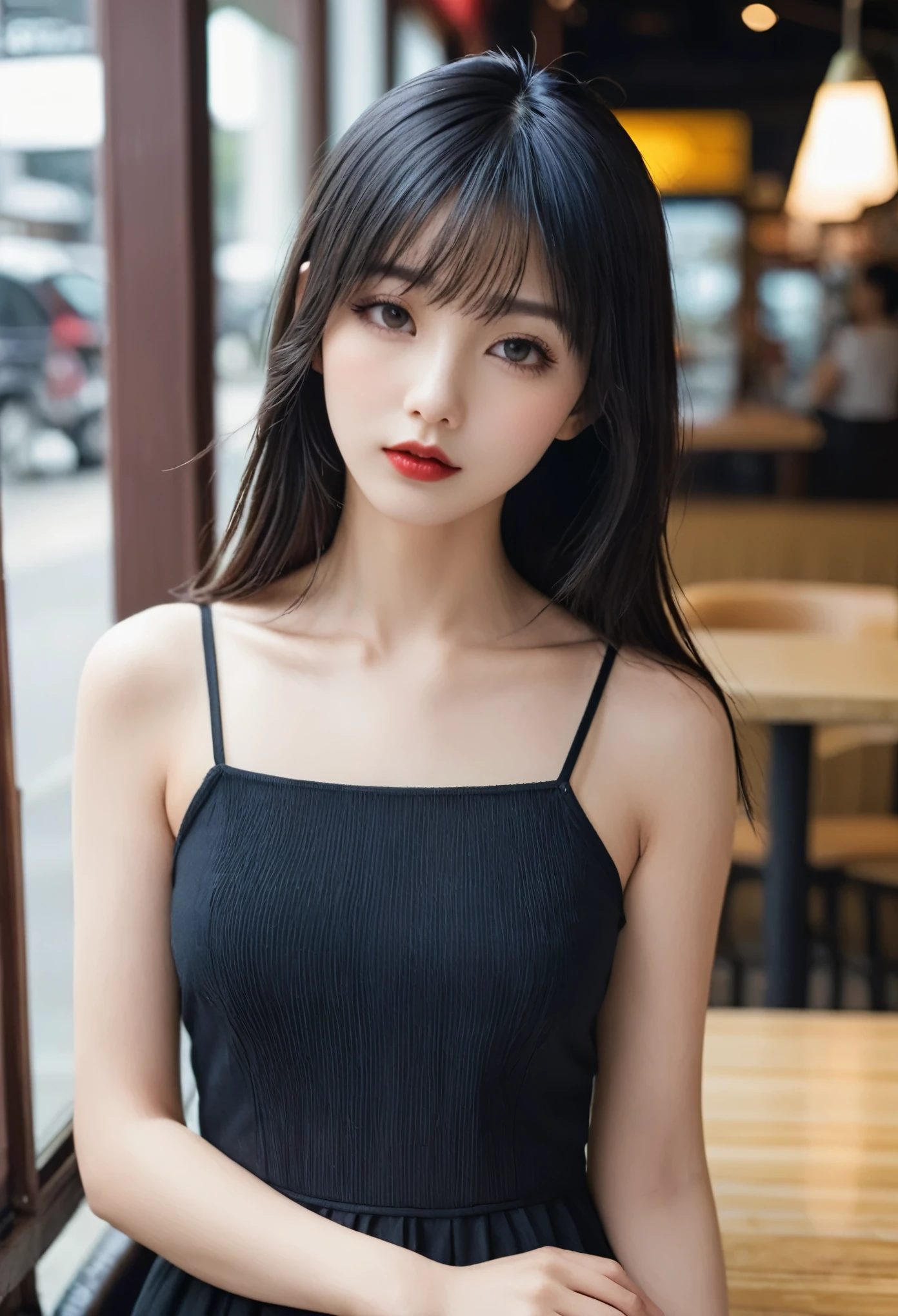 a girl，cute and pretty face，Long straight black hair，Long bangs covering eyes，long eyelashes，(Fine eyes)，small eyes，(half-closed eyes)，(Dark lipstick)，(Dark eyeshadow)，Slim body，Slender limbs，Black spaghetti strap dress，Inside an old coffee shop，clean focus，shallow Depth of Field，Ultra-detailed faces，very beautiful face，Extremely high texture skin，Look into the distance，beautiful legs，seductive，femainine pose，(realistic ，realistic-photo，RAW photo，8K original)，lens flare，film grain，artistic photography，UHD，highres，masterpiece，retina，