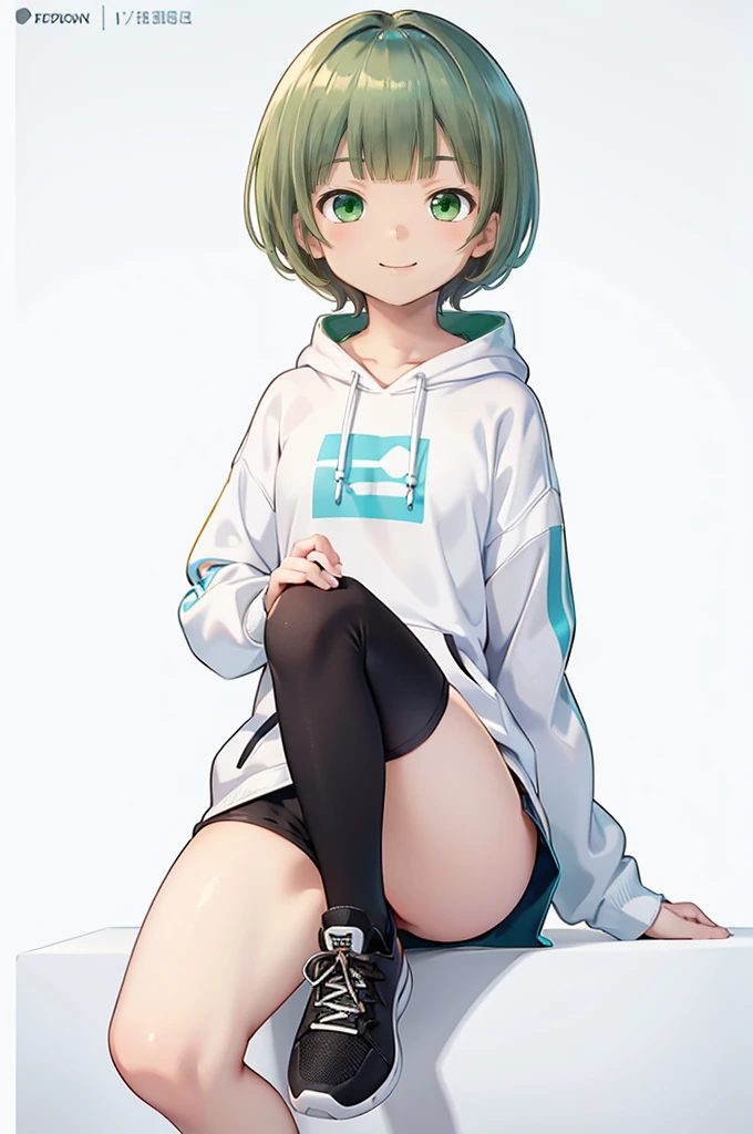 Turquoise Eyes、delicate、detailed、high quality、high resolution、４K、high quality、Turquoise Eyes、Short Mash Hair、Short Hair、Blonde Hair Color、Turquoise Eyes、White hoodie、Black hot pants、Black sneakers、, Low length，Thin thighs，small, Portraiture, girl，brown, Happy, small, 