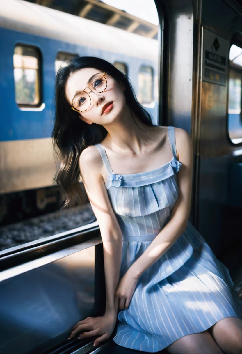 (Best quality, Ultra detailed, Golden ratio, Masterpiece:1.2), Theatrical lighting:0.7, Photo of a woman, dressed in a very elegant and pretty dress, Perfect rare face, realistic, deep blue eyes (Highly detailed skin), long black straight hair, skin texture, Pale skin, shiny skin, (thin, large size:1.5), [:(Sharp focus on rare face, perfect eyes:1.5):0.2], photorealistic, film grain, Put one foot forward, from below looking up, look at camera, Emphasize the shoulders, Focus on face, Stockings, glasses, Smile with corners of mouth raised, disdainful expression, summer haze, muted colors, muted warm colors, Photo cinematic portrait of a woman dressed in a striped light blue dress sitting by the window in the early morning, cinematic, (tilted:1.3) (on an old train) look cautious, standing under a spotlight, volumetric dust clouds, key light, backlight, soft natural lighting, photography Film grain ISO 600 30 mm lens RAW f1.8 aperture, highly detailed (analog photography:1), colors hdr