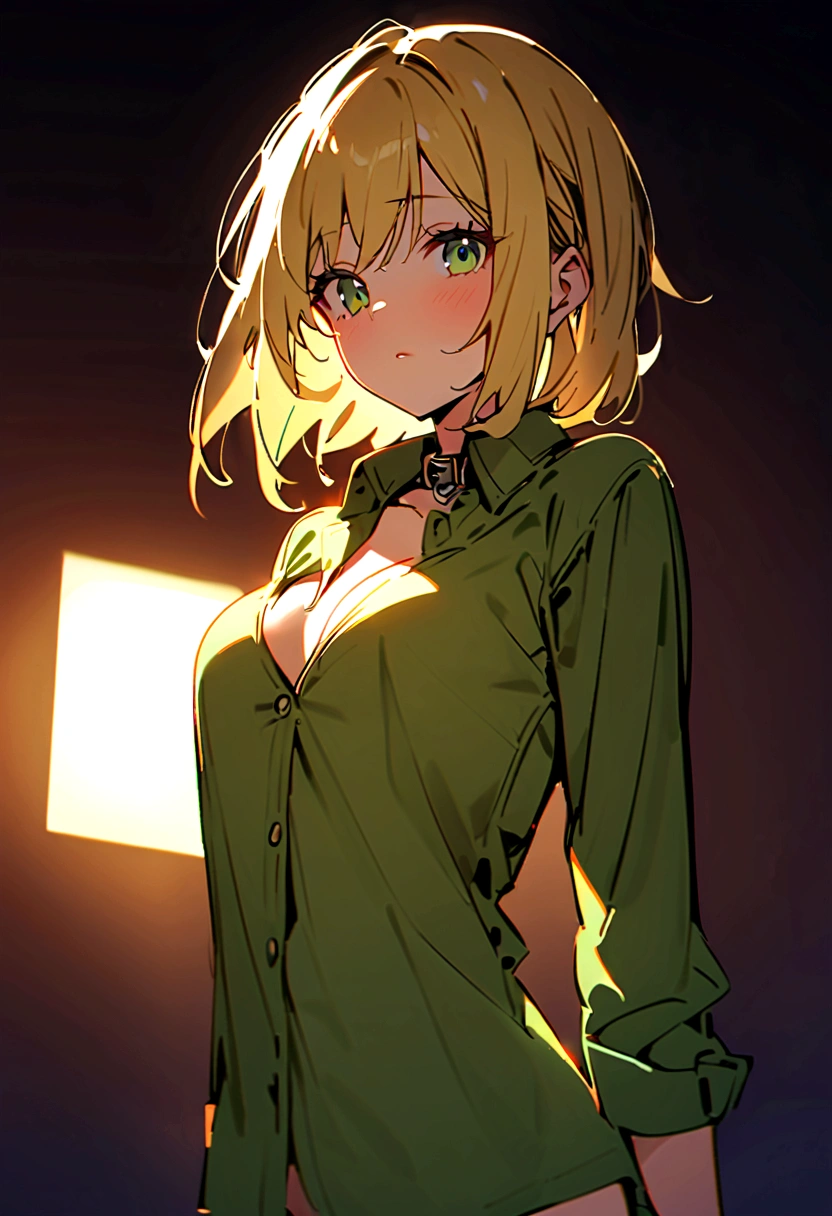 green leather shirt、Korean、1 girl、blonde、amount、Green Leather Shirt、Stand up your collar、Face Up、
