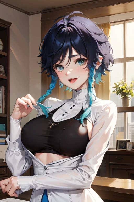 ,, wearing a short ,, she open her clothes,, With his tongue out of his mouth, with a big breast
