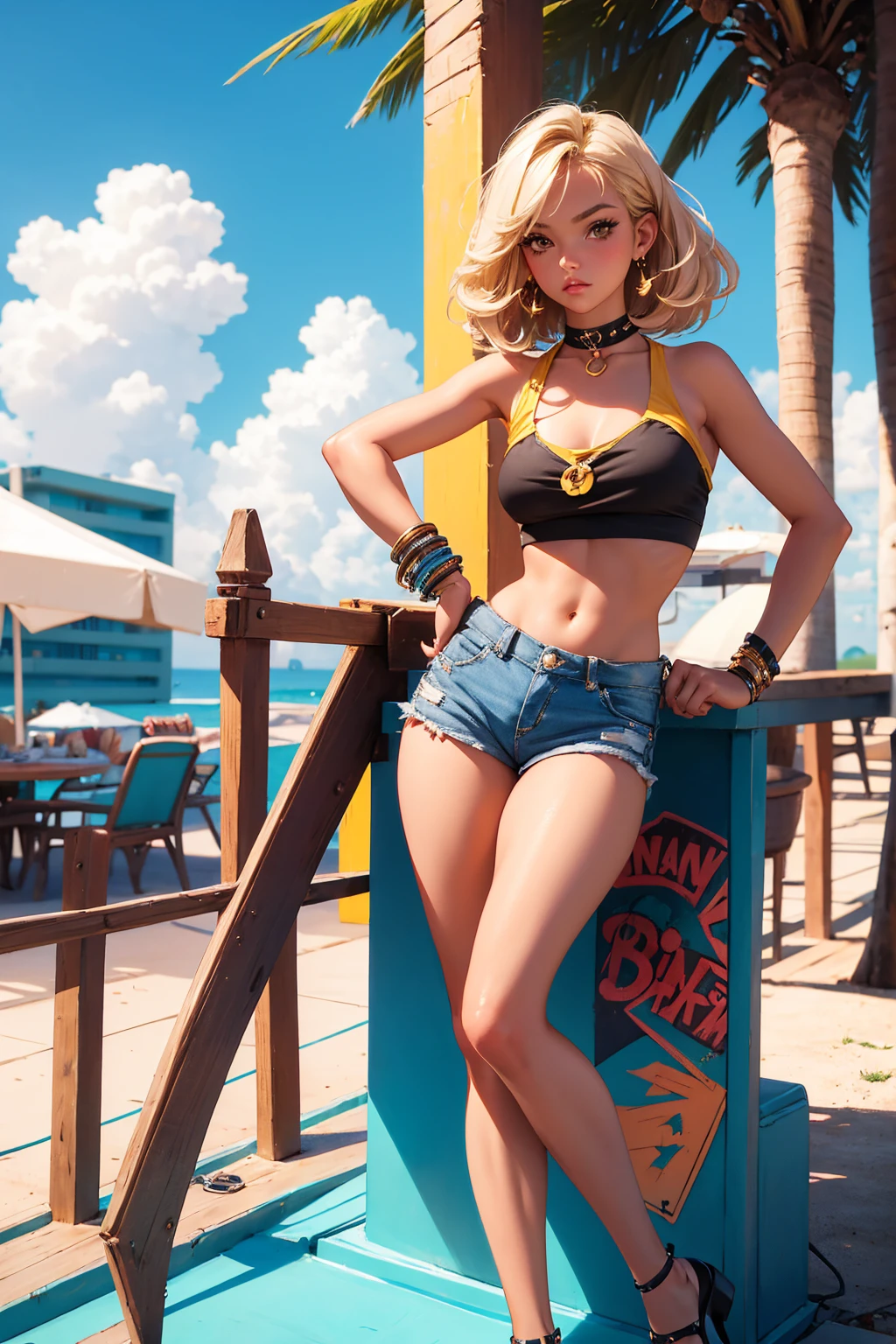 Teenage girl-model 18 years old, beautiful, tanned, blonde, bob hair, bangs, brown eyes, beautiful figure, girl wearing crop shirt and too short mini shorts, beautiful long legs, slave bracelets, slave choker, manicure, cute makeup, flirtatiously posing, hot summer, hot flirty, sexy posing, summer outfit, top quality, higest quality, pin-up style, retro 80s style, Daisy Dukes style, slave girl, Miami vibes