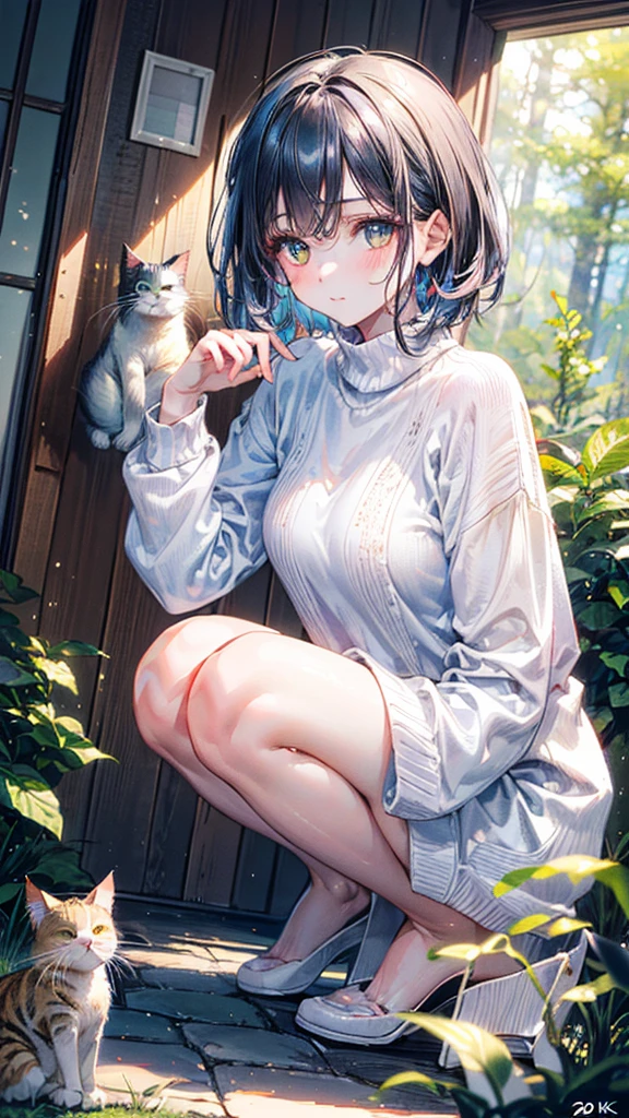 (Best quality, 8k, 32k, Masterpiece, UHD,:1.2),RAW, 1girl,ultra cute , natural lighting,transparent shining eyes, 20yo,medium breast ,fair complexion ,flushed face, dynamic angle, short hair, White sweater, Norwegian Forest Cat at her foot, squatting, Playing with Cat, shiny,