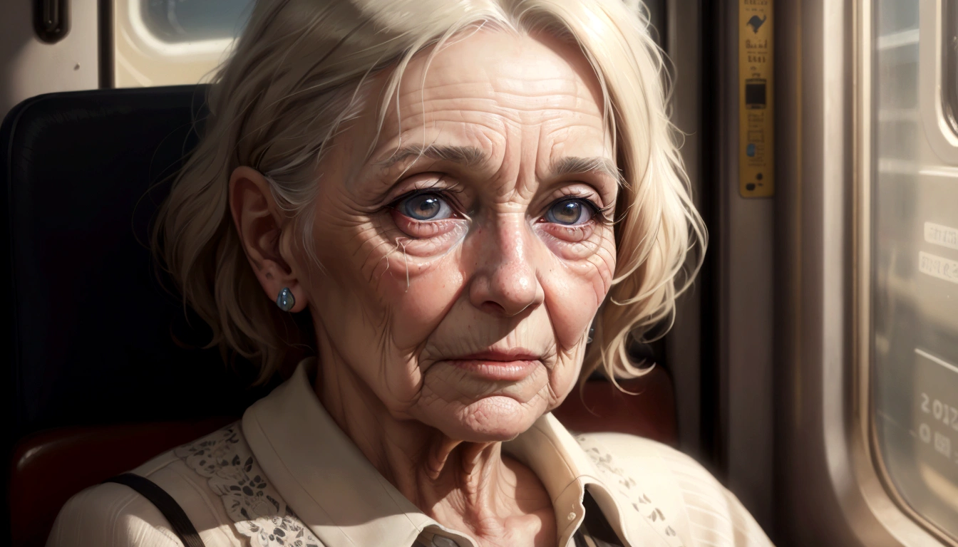Elderly woman looking out the train window, and the sun shines on her face, cinematic Realistic portrait, ultra realistic concept art, very realistic digital art, hyperrealism concept art, realistic digital painting, Close-up character portrait, very detailed portrait with visual effects, Hyperrealistic concept art, hyper realistic digital painting, Ultra-realistic digital art, ultra realistic digital painting, Realistic portrait