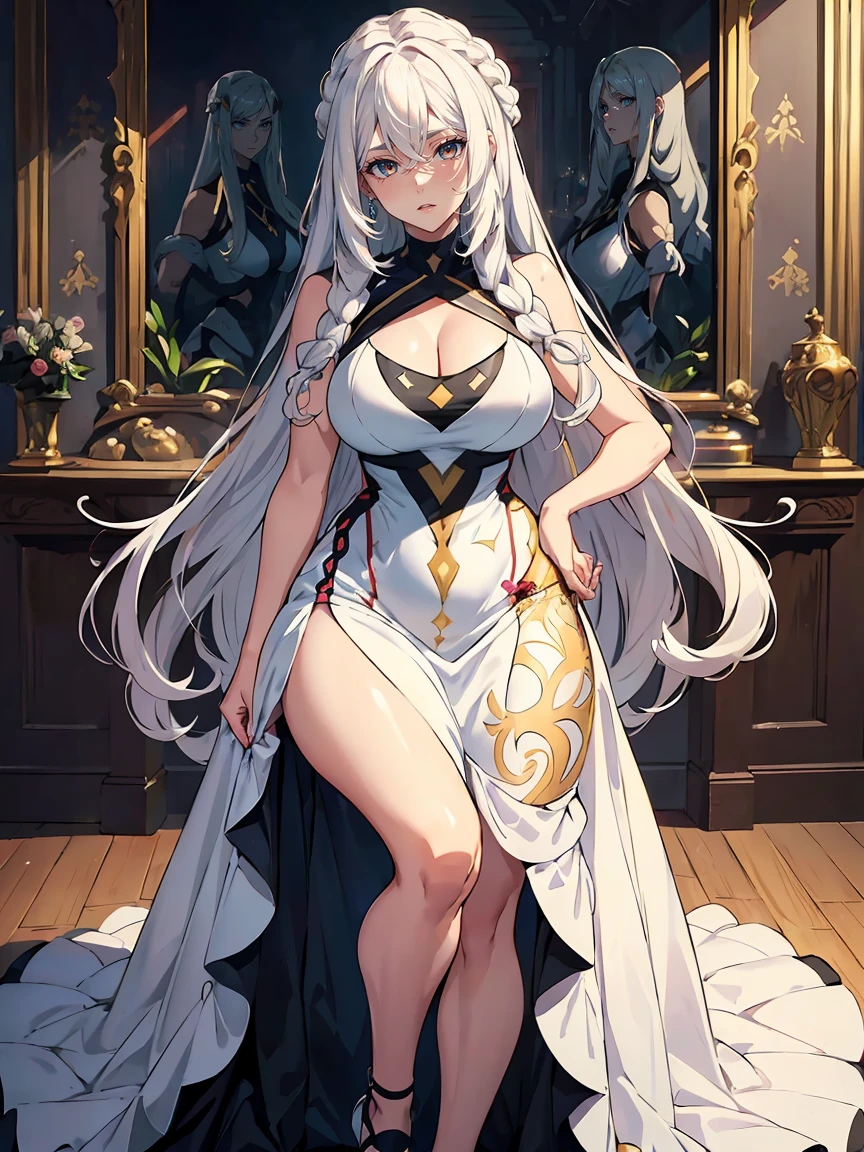 handsome mature woman，Long wavy white hair，Hyperresolution，accuracy，Detailed rendering，（Subtle facial image）（Image of fine hair）（topquality）（Masterpieces of masters）（High degree of completeness）（A sense of atmosphere）tmasterpiece，Super detailed and super detailed（half-body portrait）((Masterpiece, Highest quality)), Detailed face, CharacterDesignSheet, Full of details, Multiple poses and expressions, Highly detailed, Depth, Many parts，Beautiful，Extremely beautiful，High Balance, Natural light, drawn art style, white hair, curly hair down to ankles, ankle length hair, (((Ankle length hair))) (((thick hair))) (((pokemon trainer)))(((Pokemon gym leader))))(((Gym clothes)))(((Sporty outfit)))(((nO DRESS))) (((bAEBALL CAP)))(((Gym outfit)))(((Workout outfit)))(((Portrait)))(((Looking fierce)))(((Fierce expression)))