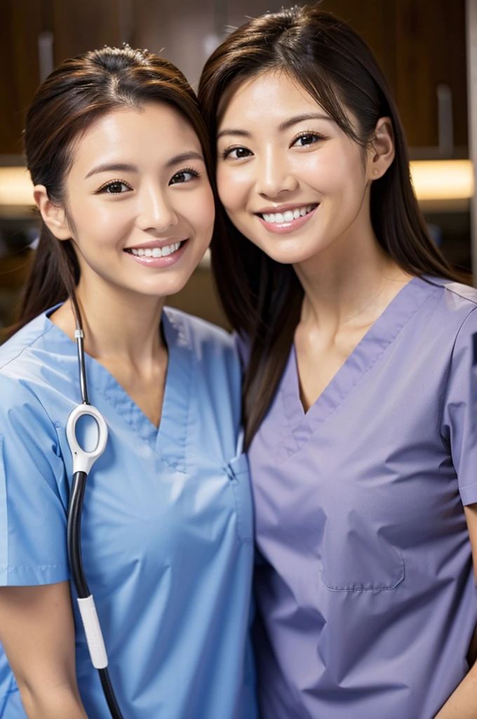 Dental hygienist, only two women Side by side, smiling, wearing medical scrubs Brown, short sleeves, cute, Japanese, black hair, 20s Upper body close-up high resolution Highest quality