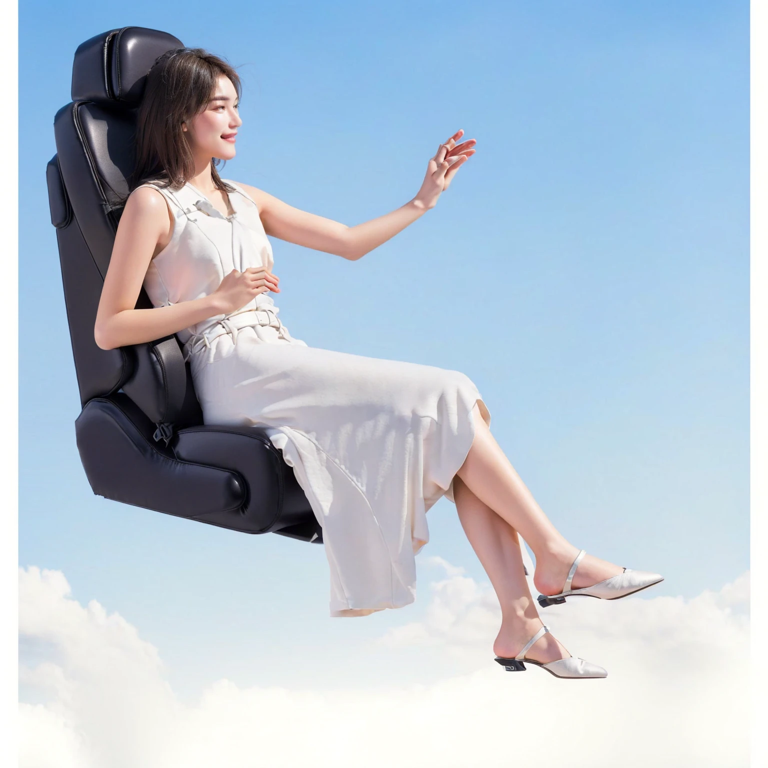 High Detail，Best quality，Textured Skin，Accurate hand movements，Car seat，Leather texture，Sit, relax and be happy，Elegant floating posture, Sitting on the throne，1080P