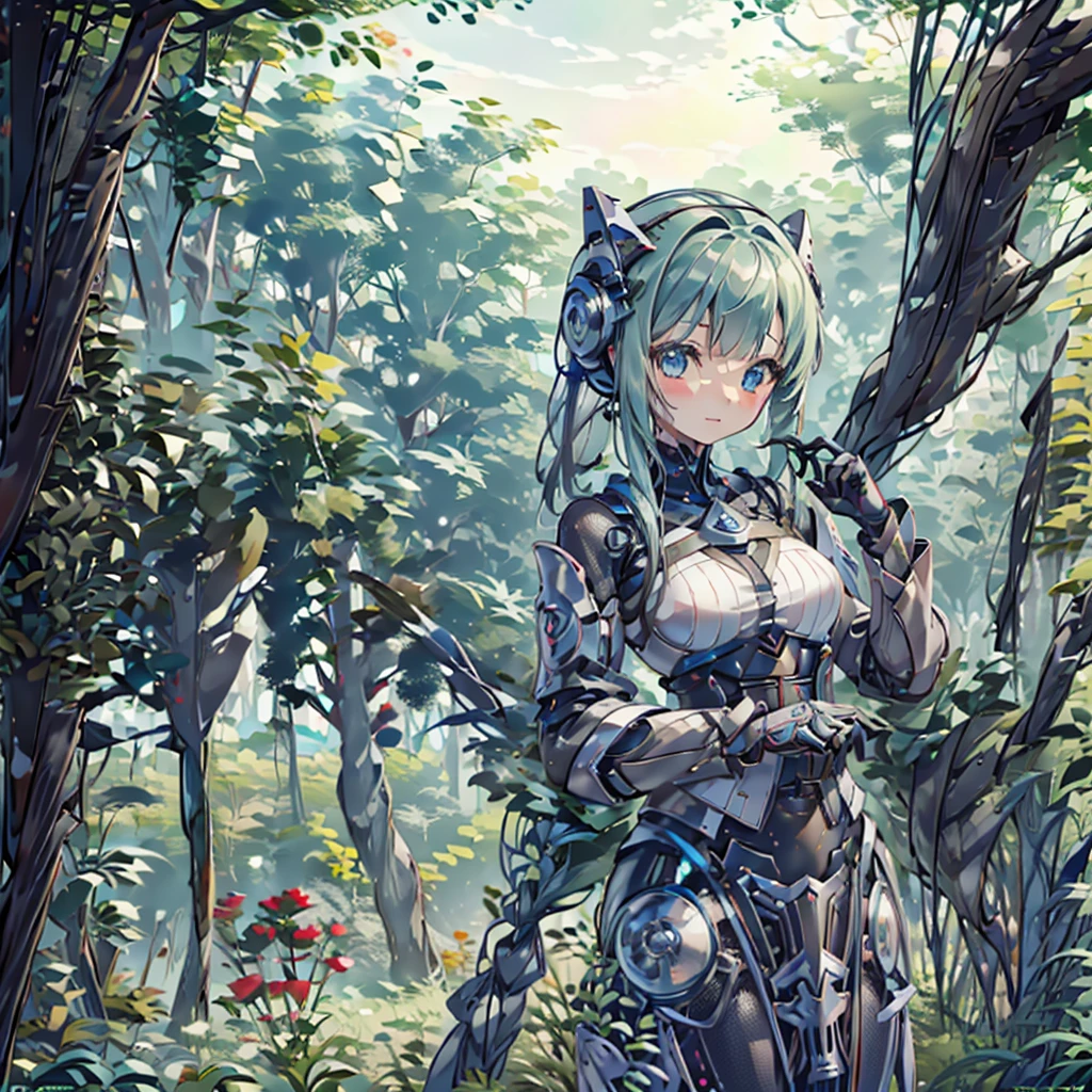 A girl and a robot gardening。The location is a garden about the size of 10 tatami mats.。There was a robot near the girl.、A robot teaches a girl how to farm。The girl is holding a tomato in her hand、She has a happy expression