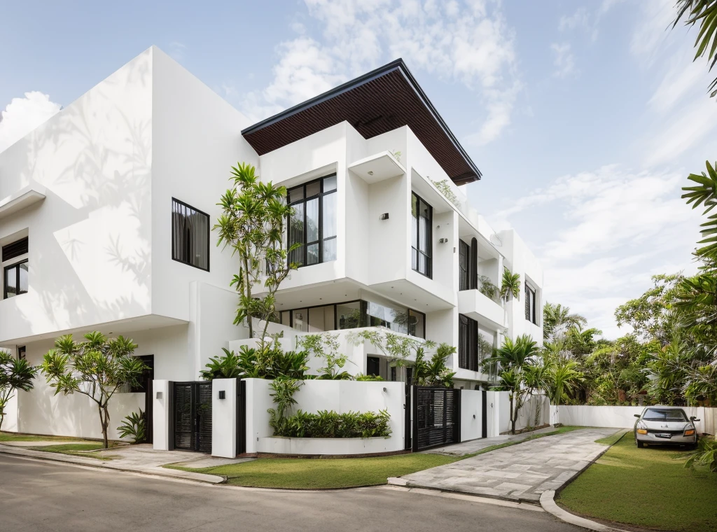 
exterior, outdoors, house, modern style, white wall, wooden ceilings, iron roof, glass windows, balcony, gate, minimalist line,
on the street vietnam,road,pavement, grass,tropical trees, sky,