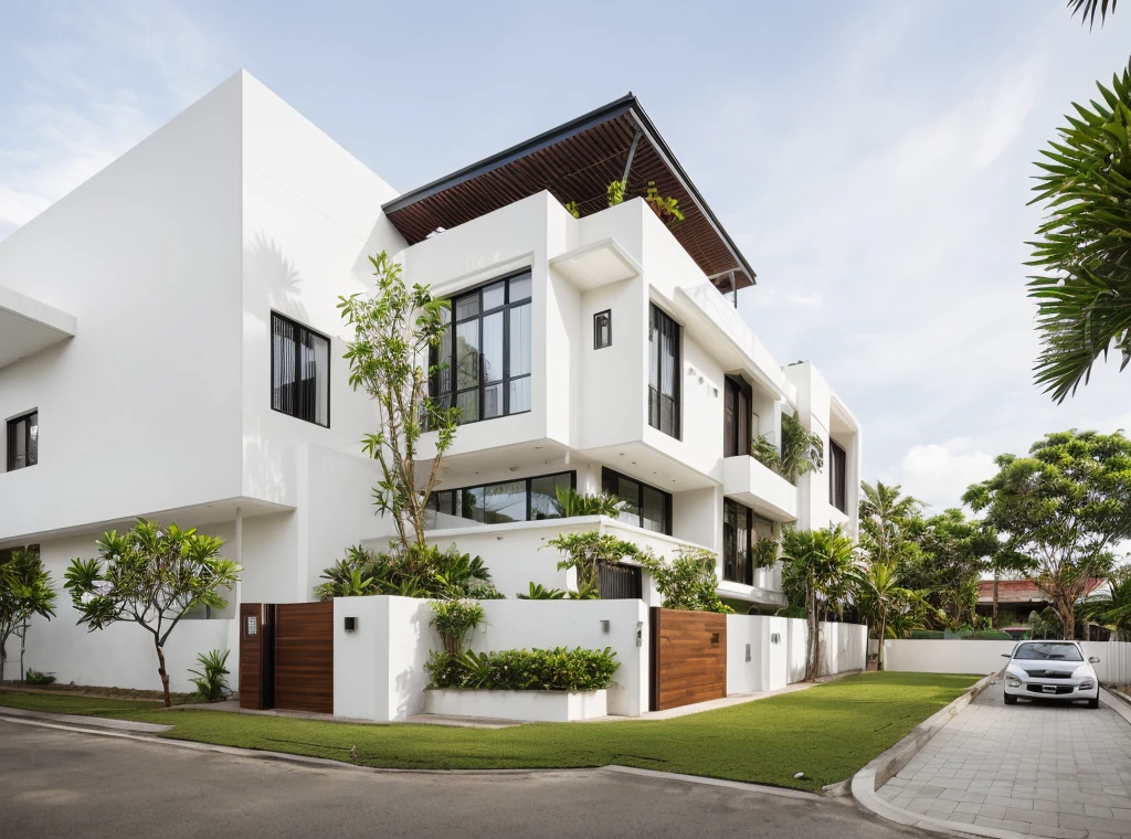 
exterior, outdoors, house, modern style, white wall, wooden ceilings, iron roof, glass windows, balcony, gate, minimalist line,
on the street vietnam,road,pavement, grass,tropical trees, sky,