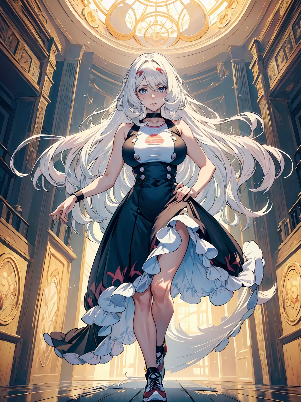 handsome mature woman,Long wavy white hair,Hyperresolution,accuracy,Detailed rendering,(Subtle facial image)(Image of fine hair)(topquality)(Masterpieces of masters)(High degree of completeness)(A sense of atmosphere)tmasterpiece,Super detailed and super detailed(half-body portrait)((Masterpiece, Highest quality)), Detailed face, CharacterDesignSheet, Full of details, Multiple poses and expressions, Highly detailed, Depth, Many parts,Beautiful,Extremely beautiful,High Balance, Natural light, drawn art style, white hair, curly hair down to ankles, ankle length hair, (((Ankle length hair))) (((thick hair))) (((pokemon trainer)))(((Pokemon gym leader))))(((Gym clothes)))(((Sporty outfit)))(((nO DRESS))) (((bAEBALL CAP)))(((Gym outfit)))(((Workout outfit)))(((Portrait)))(((Looking fierce)))(((Fierce expression)))