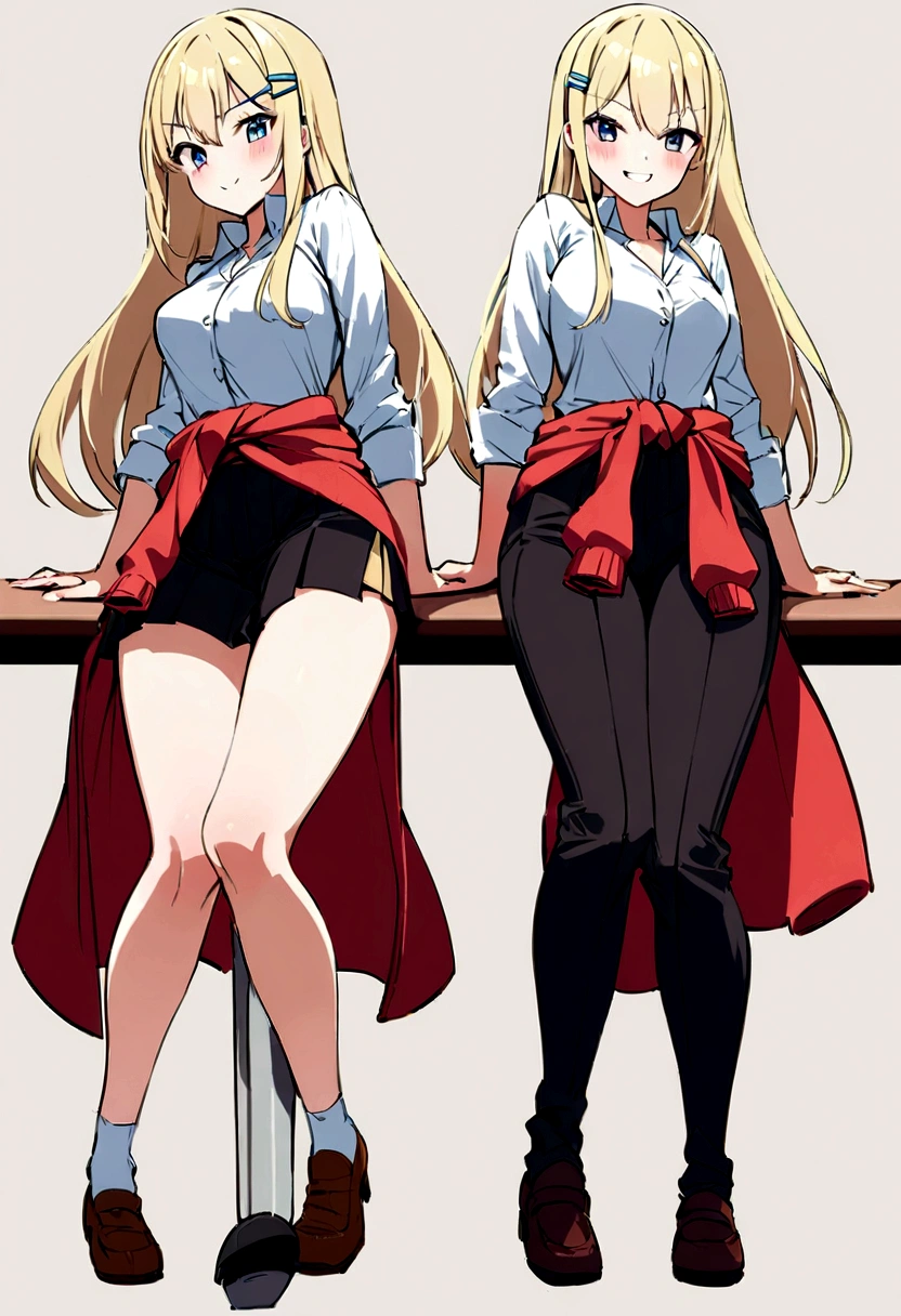 Cute Japanese Girls shirt Blonde Lively impressions Dance Club uniform Wrap a cardigan around your waist hairpin Long Hair on the desk Leg spread The pants are a little visible Grin