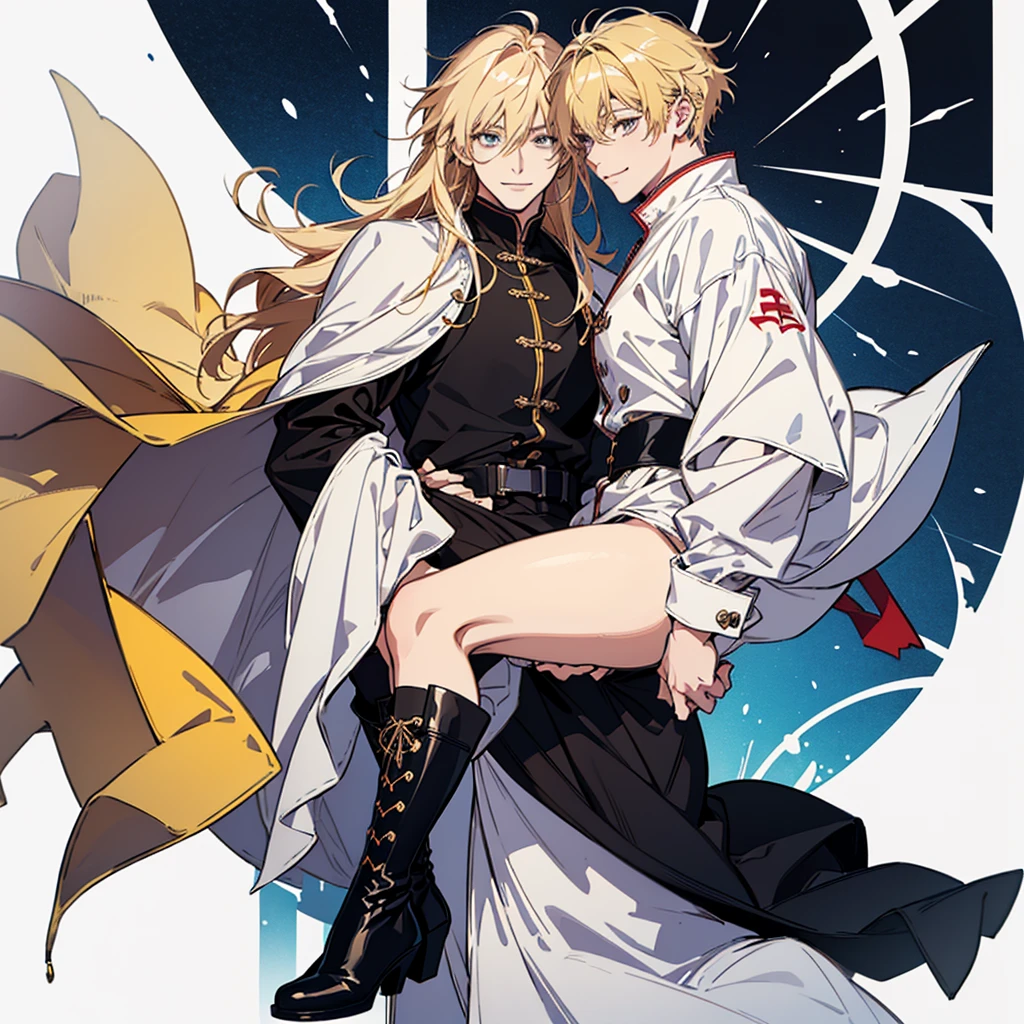 A full-body illustration of a handsome man looking at you and smiling。boots,visual kei,onii kei、Delicate Drawing、Blonde、acrylic、Thick Coating、Color Sketch、in the style of bold line,White background。A suitable background --s 70