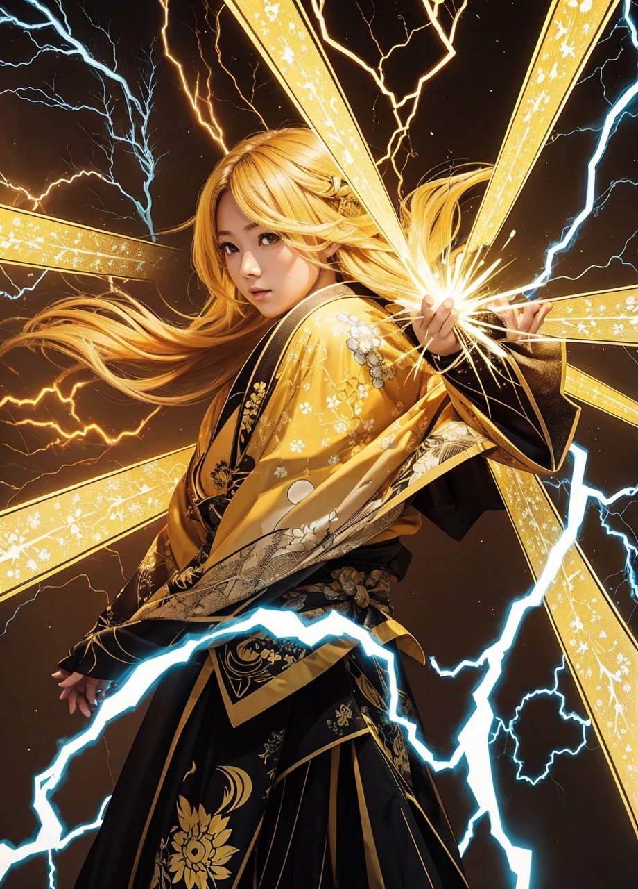 Golden Hair、Yellow kimono、thunder、lightning、Triangular pattern