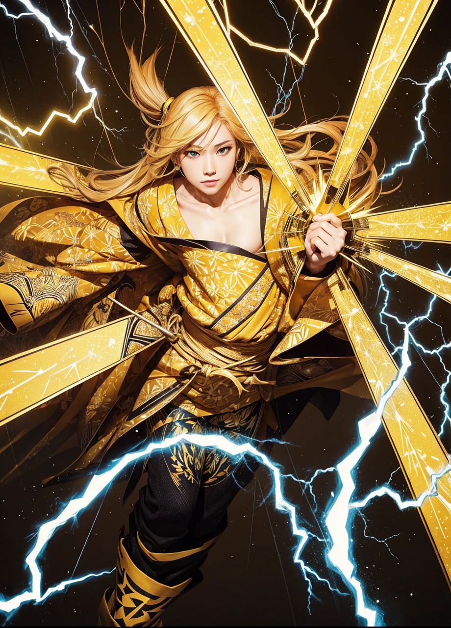 Golden Hair、Yellow kimono、thunder、lightning、Triangular pattern