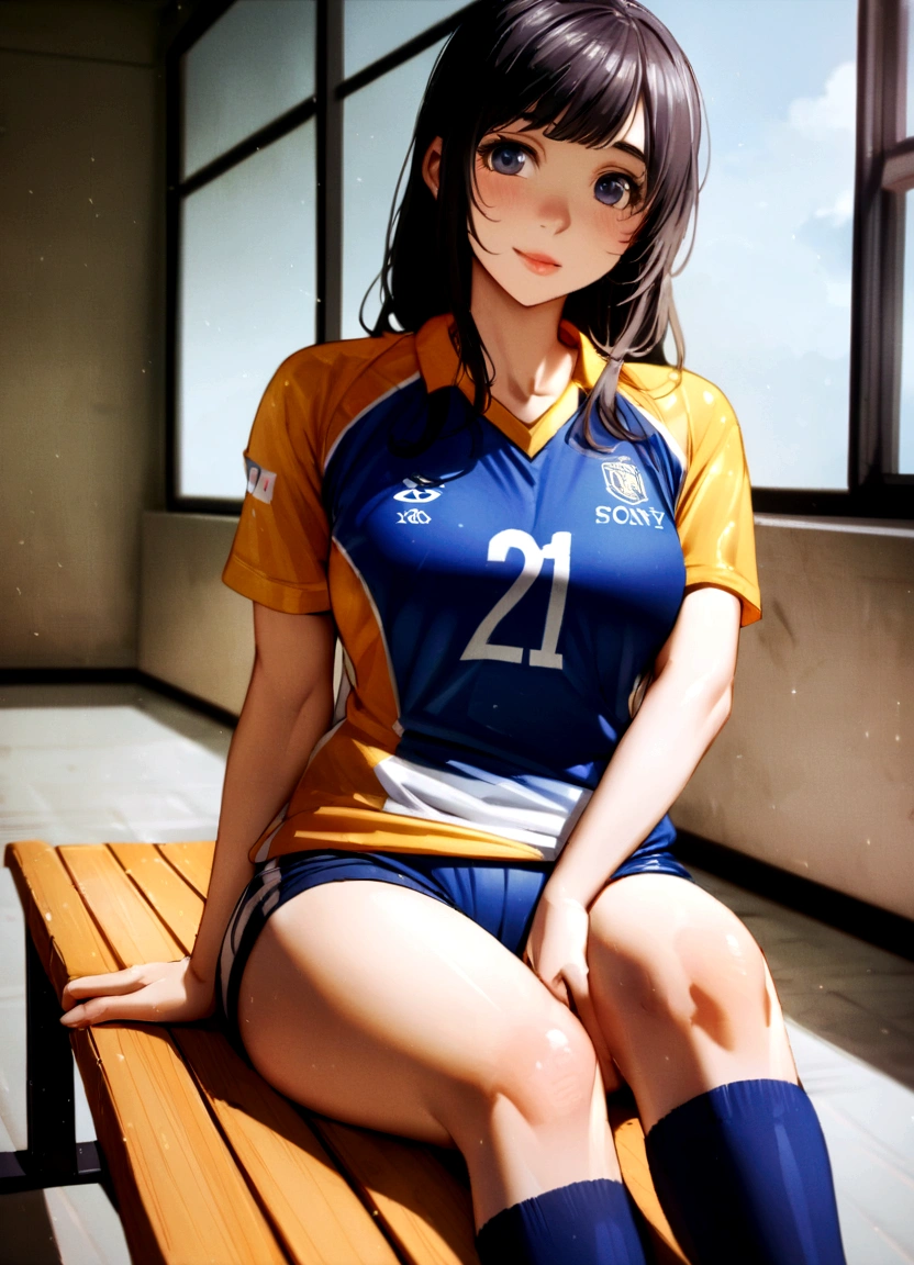 Arab Asian woman wearing a sports uniform sitting on a bench, Wearing a volleyball jersey, Ayaka Cosplay, Mid Shot Portrait, Indoor shooting, Shot with a Canon 5D MK4, Shot with Canon EOA 6D Mark II, Shot with Canon EOS R 6, Shot with Sony A7III, Nishimiya Shoko, sakimichan HDRI