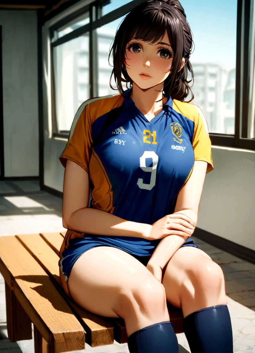 Arab Asian woman wearing a sports uniform sitting on a bench, Wearing a volleyball jersey, Ayaka Cosplay, Mid Shot Portrait, Indoor shooting, Shot with a Canon 5D MK4, Shot with Canon EOA 6D Mark II, Shot with Canon EOS R 6, Shot with Sony A7III, Nishimiya Shoko, sakimichan HDRI