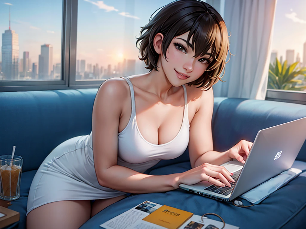high quality, Makoto Shinkai style, detailed facial details, bright colors, 4K, (solo:1.3), In a modern living room with a large window, a 20-year-old beautiful woman with short hair is sitting at a dining table. She is wearing a white tank top and a white miniskirt. She is smiling and looking at the camera while using her laptop to search Google. A Wi-Fi router is placed on the table. The room is decorated with contemporary art.