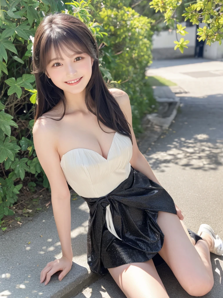 ((8k RAW photos:1.27)、Highest quality、masterpiece、Ultra-high resolution:1.2) Cute Japanese Women Photos (beautiful:1.1))、Sparkling black diamond eyes、Detailed description of the student、Shiny dark brown hair、smile、Silky, delicate and lustrous skin、beautiful八重歯のsmile、Spring outfit、Warm Light、Depth of written boundary、Narrow waist、Up to the waist、Neat white dress