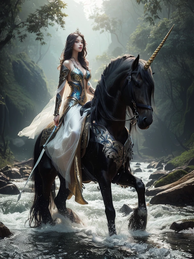 araffe riding a black horse through a river with a woman dressed in white, woman riding a flying unicorn, breathtaking fantasy art, realistic fantasy photography, fantasy photography, unicorn, mythical creature, fantasy photoshoot, mythical, amazing fantasy art, fantasy art behance, modern fantasy, fantasy art style, beautiful fantasy art, riding a unicorn, fantasy woman