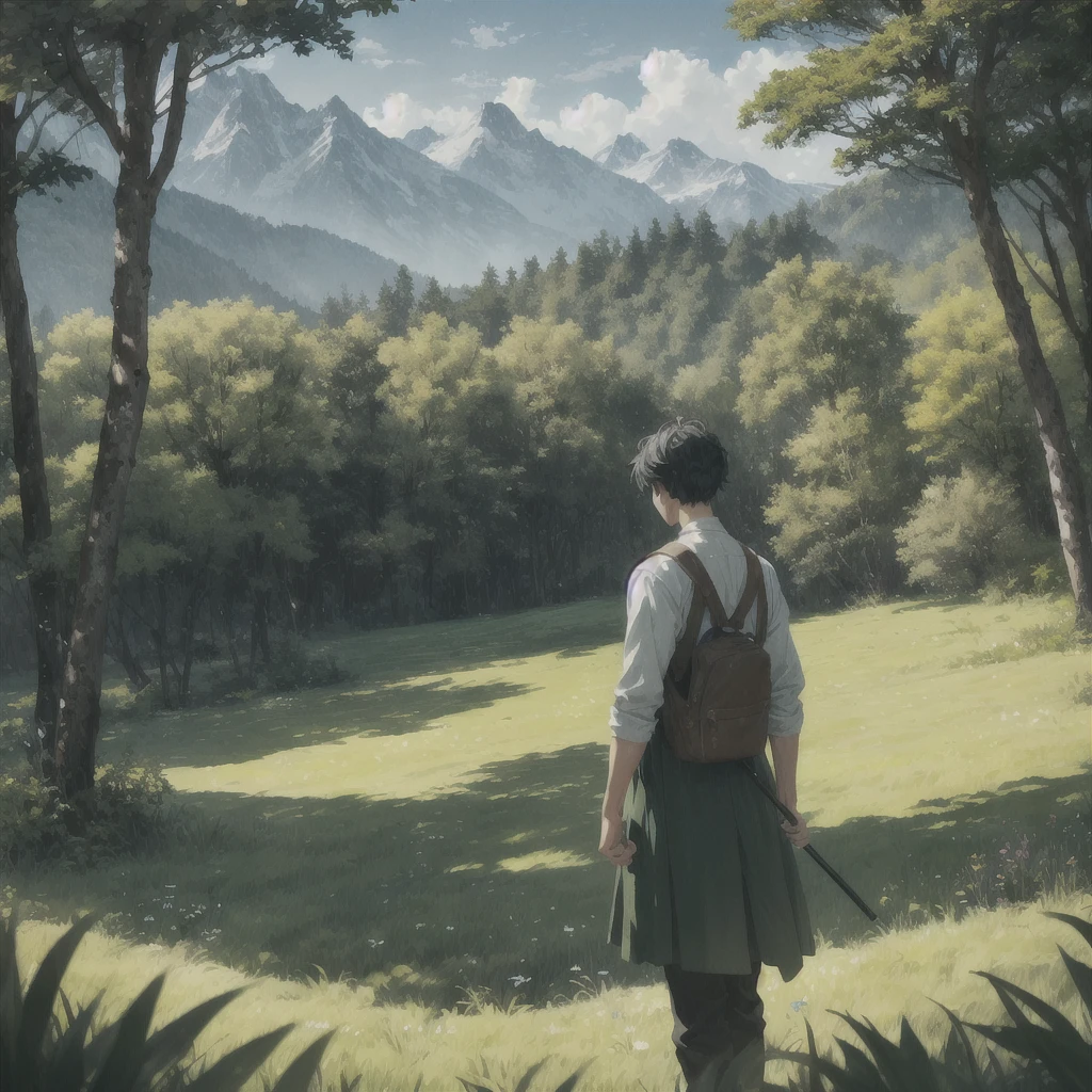 In a green meadow stands a faceless black hair boy holding stick of wooden
BREAK
Behind him, a green forest stretches out and beyond that, mountains rise in the distance.
BREAK
The most suitable effect for this scene would be a watercolor painting technique to capture the softness of the meadow and the fluidity of the movement.