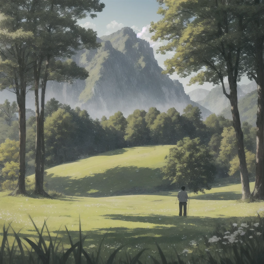 In a green meadow stands a faceless black hair boy holding stick of wooden
BREAK
Behind him, a green forest stretches out and beyond that, mountains rise in the distance.
BREAK
The most suitable effect for this scene would be a watercolor painting technique to capture the softness of the meadow and the fluidity of the movement.