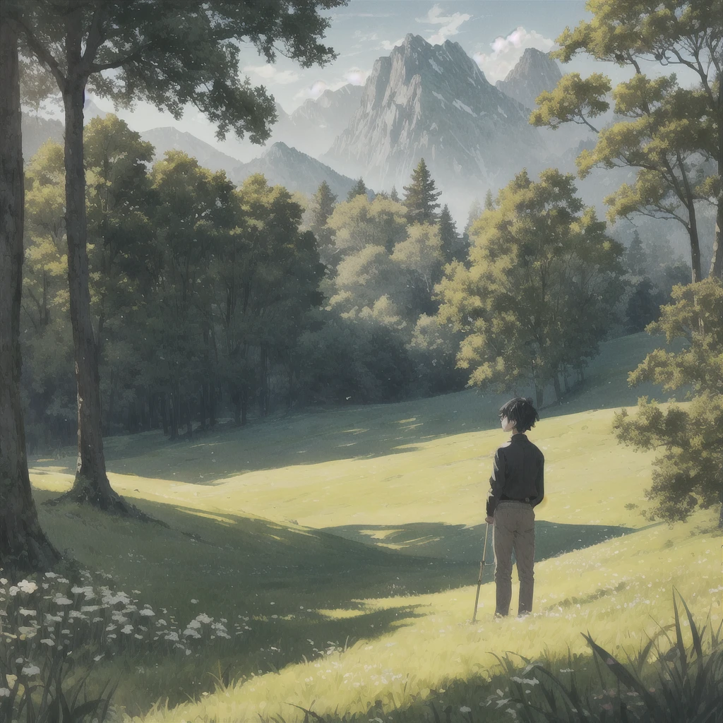In a green meadow stands a faceless black hair boy holding stick of wooden
BREAK
Behind him, a green forest stretches out and beyond that, mountains rise in the distance.
BREAK
The most suitable effect for this scene would be a watercolor painting technique to capture the softness of the meadow and the fluidity of the movement.