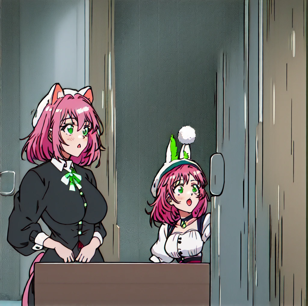 two anime girls standing by each other in hagworts ,multiple girls, 2girls, tail, animal ears,wizard  hat,schoop uniformr, food,green hair,pink hair,castle