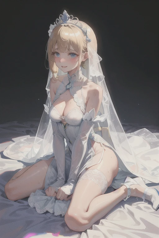 Hands on knees,Jacket with puffy shoulders,closed dmouth,Pearl blonde hyper long hair,Smile,Full body depiction on screen, The body is constricted by very small and tight clothes,super small and tight clothes,Full body depiction on screen,Very detailed embroidery sewn into the  area,Shoulder pads bulge, Translucent costume　 Tiara in bangs　Wet lips　A lot of saliva overflows from the lips　Sweating profusely　adult　Reality　Mucus is stringy　Wet hair　Sweaty　Canopy Bed Background　Blush cheeks with embarrassment 　Spots々A dirty dress　Wet and  white long gloves　Wet and  white long skirt　She is wearing a wet,  white high-necked wedding dress.　Wearing pantyhose　See-through　See-through　Wet　Drooling profusely　My whole body is wet from the rain　　全てWet とても部　Very distended 　Very large  swelling　　Two very large bulges on his 　The whole body fits on the screen　Blushed cheeks　Small Mouth　Sweaty skin　Rain-soaked skin　Clothes stick tightly to the skin　Clothes that are wet and  from the rain　衣服が汗で濡れてSee-through　Glossy skin　Clothing has a rubbery sheen　Smile　Embarrassed expression　A very dark room in the middle of the night　Baby Face　clear　Can憐　beautiful girl　sitting on hot pink rubber bed　A lot of ribbons are sewn into the clothes　濡れてたラバーショッキングピンクハイネックロングお姫様ドレス　Can　Wet and  rubber pearl white full 
