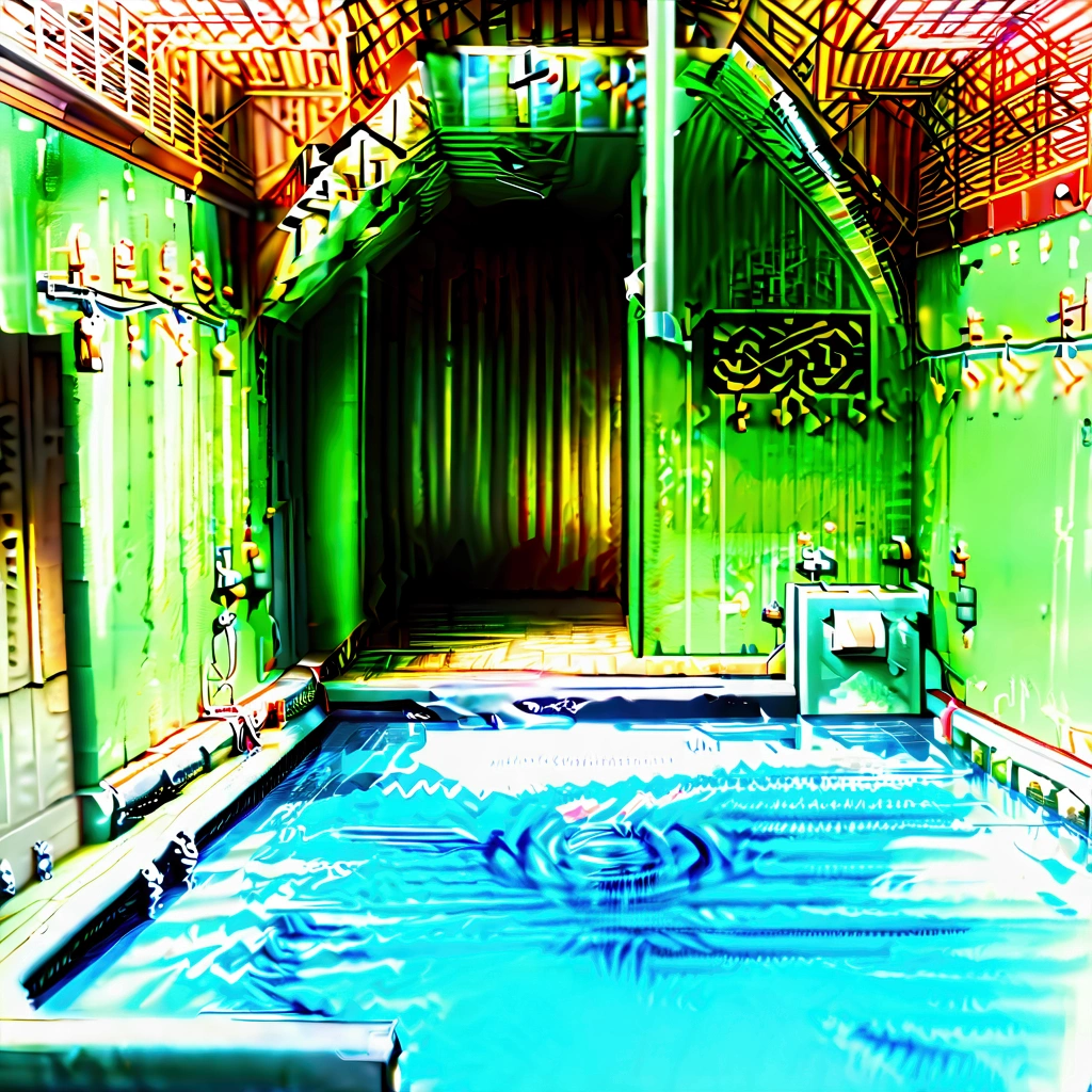 Camera view, top, infinite green backroom, in the distance a door with swimming pool, large place like a labyrinth of backrooms