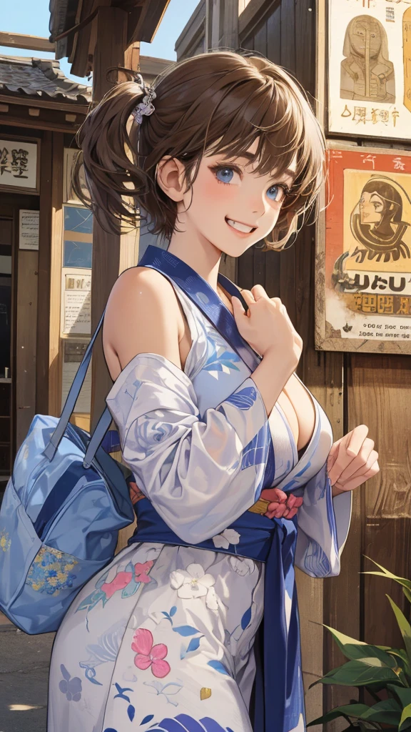 (perfect anatomy:1.2)(absurdres, highres, ultra detailed),masterpiece,best quality,high resolution,8k,Realistic face,Realistic skin texture,magnified textures, stunning clarity,detailed anime girl,(ultra detailed eyes and face),(:1.2),(baby face:1.2),japanese girl,floral printed blue yukata,、(very short hair, two side up:1.4)、tareme,light brown hair:1.2,kanzashi、glamor、short stature、、(bust up:1.4),Steampunk in the Edo Period、(Vivid hieroglyph signs and street advertisements:1.2)、busy、(grin:1.4)(worried1.4),、hieroglyph,souk、Shopping Street、,(tanned skin:1.3),big breasts,look up viewer,round face,Shoulder Bare,(from front:1.2),(cleavage cutout)