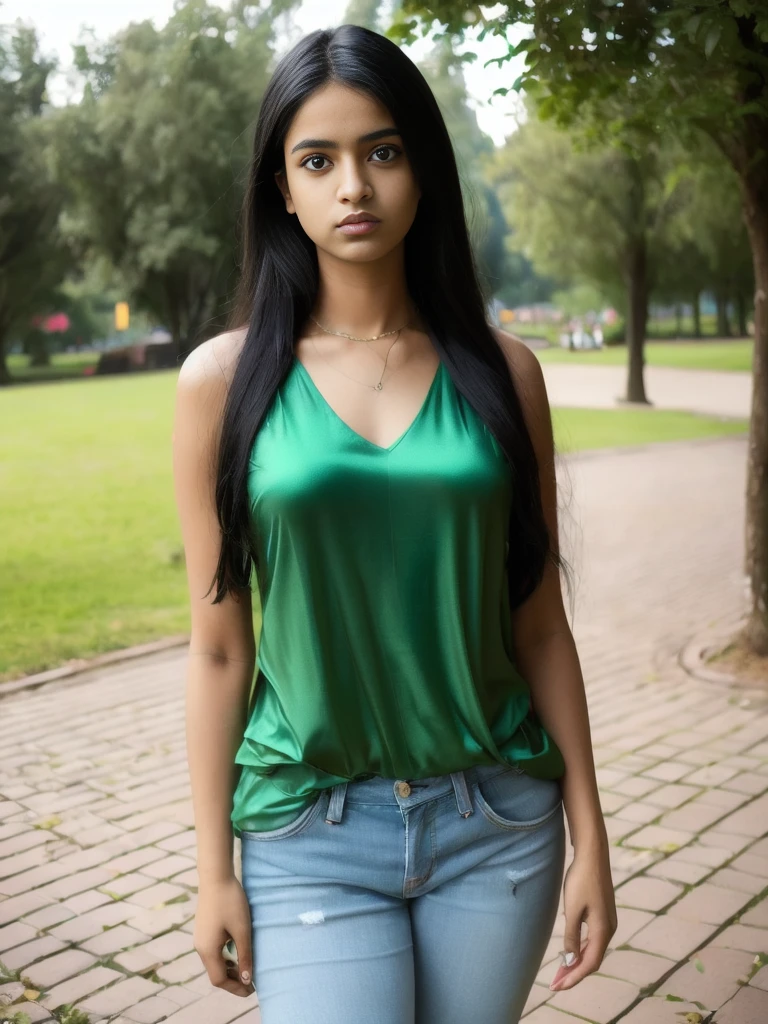 Portrait of 19 years old charming teenager girl, healthy, beautiful Indian woman, very long black hair, cute and serious, naughty and provoking expression to the viewer, ((tight green silk top))), jeans, full body, in the park, sexy, ultra-realistic, photorealistic, detailed, light skin, detailed in 8K, [no worries, NSFW,]