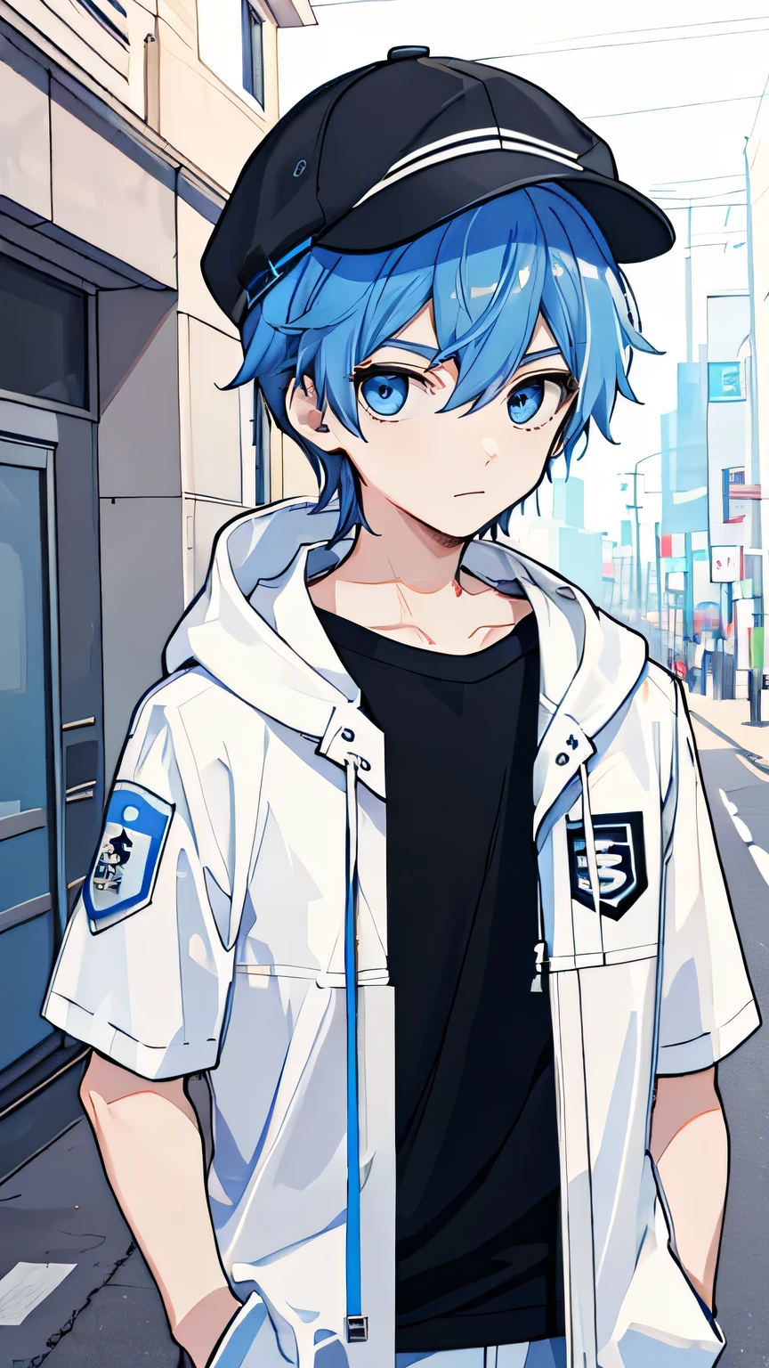 ((masterpiece, best quality, more detail)), ((1man)), a man with young blue hair with bright green eyes wearing a black hoodie, white hat and black trousers, Standing in the dark looking up at the sky, slightly stocky body