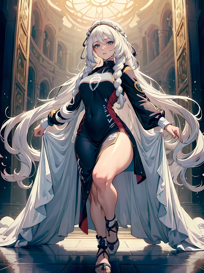 handsome mature woman，Long wavy white hair，Hyperresolution，accuracy，Detailed rendering，（Subtle facial image）（Image of fine hair）（topquality）（Masterpieces of masters）（High degree of completeness）（A sense of atmosphere）tmasterpiece，Super detailed and super detailed（half-body portrait）((Masterpiece, Highest quality)), Detailed face, CharacterDesignSheet, Full of details, Multiple poses and expressions, Highly detailed, Depth, Many parts，Beautiful，Extremely beautiful，High Balance, Natural light, drawn art style, white hair, curly hair down to ankles, ankle length hair, (((Ankle length hair))) (((thick hair))) (((pokemon trainer)))(((Pokemon gym leader))))(((Gym clothes)))(((Sporty outfit)))(((nO DRESS))) (((bAEBALL CAP)))(((Gym outfit)))(((Workout outfit)))(((Portrait)))(((Looking fierce)))(((Fierce expression)))