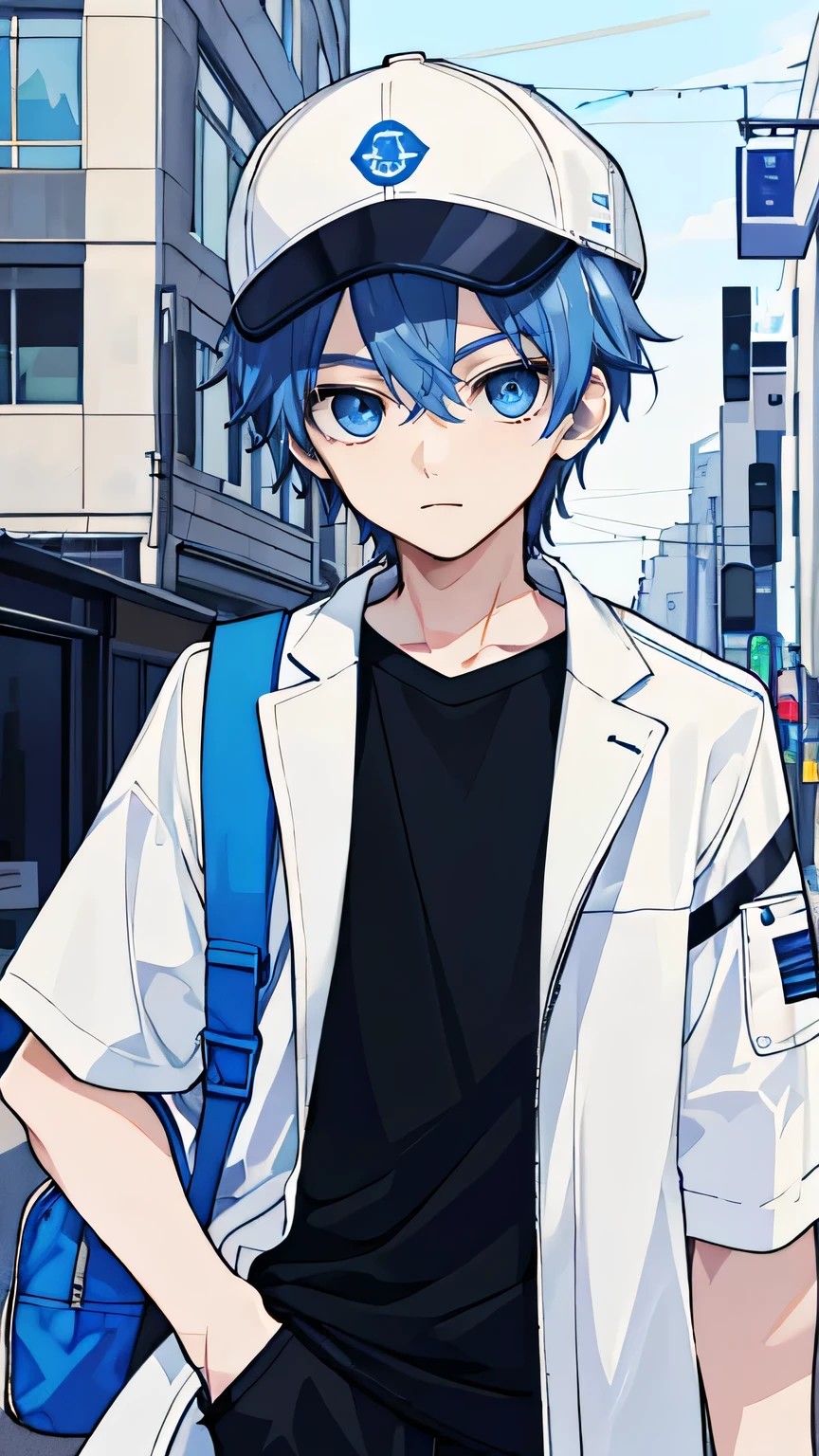 1 boy, blue hair, blue eyes, whole body, wear headset, wear a bag, black short sleeve tee, white outerwear with hat, University Background