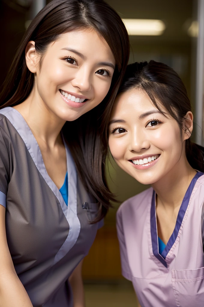 Dental hygienist, only two women Side by side, smiling, wearing brown medical scrubs Brown, short sleeves, cute, Japanese, black hair, 20s Upper body close-up high resolution Highest quality
