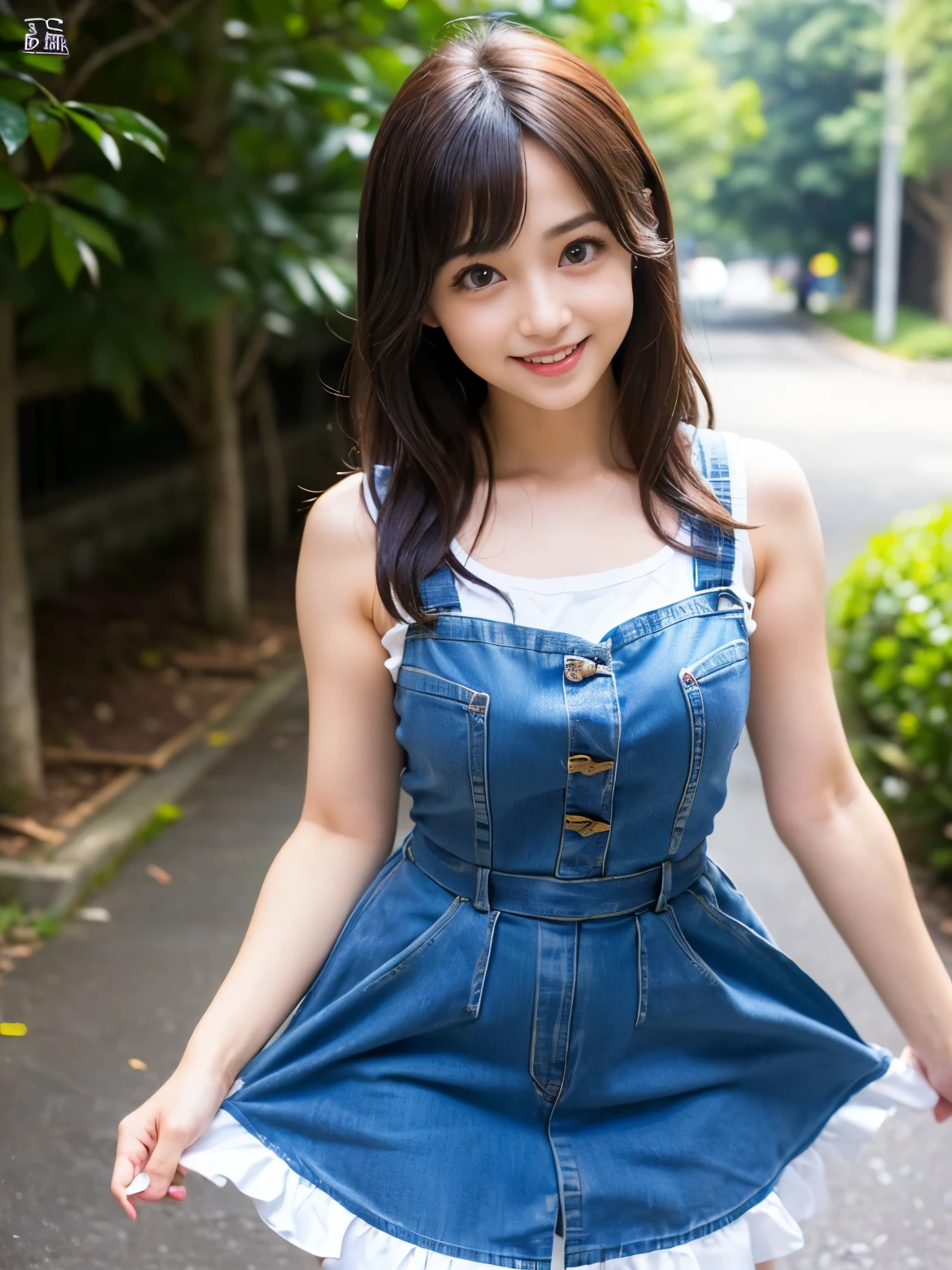 (Best-quality, Masterpiece, Ultra-High-Resolution, (Photorealistic:1.4), Raw Photo, depth of field, professional lighting, perfect anatomy, extremely details), 1girl, the most famous Japanese idol, (wearing sleeveless casual-dress with extremely long length, (looking at viewer), (innocent smile), (extremely cute and extremely realistic face like the most popular Japanese idol, ((extremely cute and extremely realistic big-eyes)), extremely cute and extremely realistic hair), ((((extremely cute and extremely realistic skins)))), extremely childish body