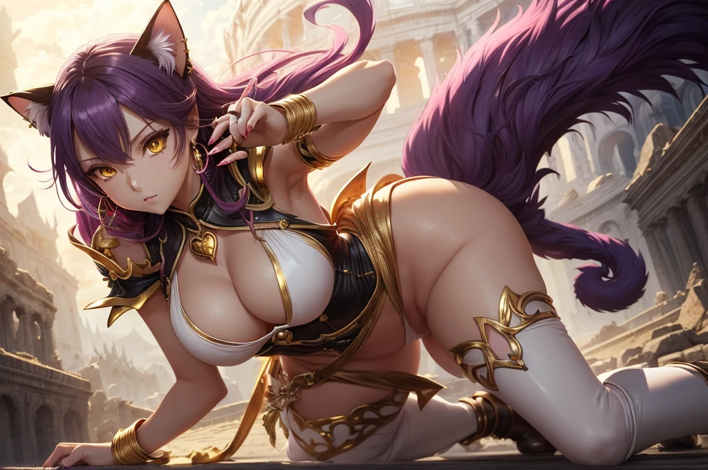 There is lost coliseum there stand female lionessin battle stance, she have ebony colour skin beautiful yellow cat eyes dark gold eyeshadows make up, ring style earrings, her hair is purple with pink highlights . she dressed in white neather topic with golden parts on countures also short and white leather straps on her cat legs instead of boots, her hands have hude ruby claws on her fingers, (ultra high quality fantasy art, anime fantasy style, masterpiece, ultra high quality character design, 8k quality anime art, realistic anime art, top quality wallpaper illustration, detailed ultra high quality accurate face, high quality design and accurate physic)